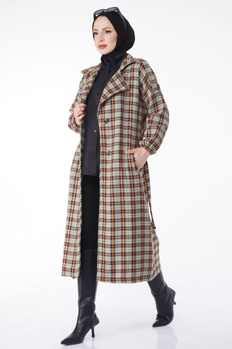 Kruvaze Yaka Kuşaklı Kaşe Kaban - 27738-VIZON - TOFİSA