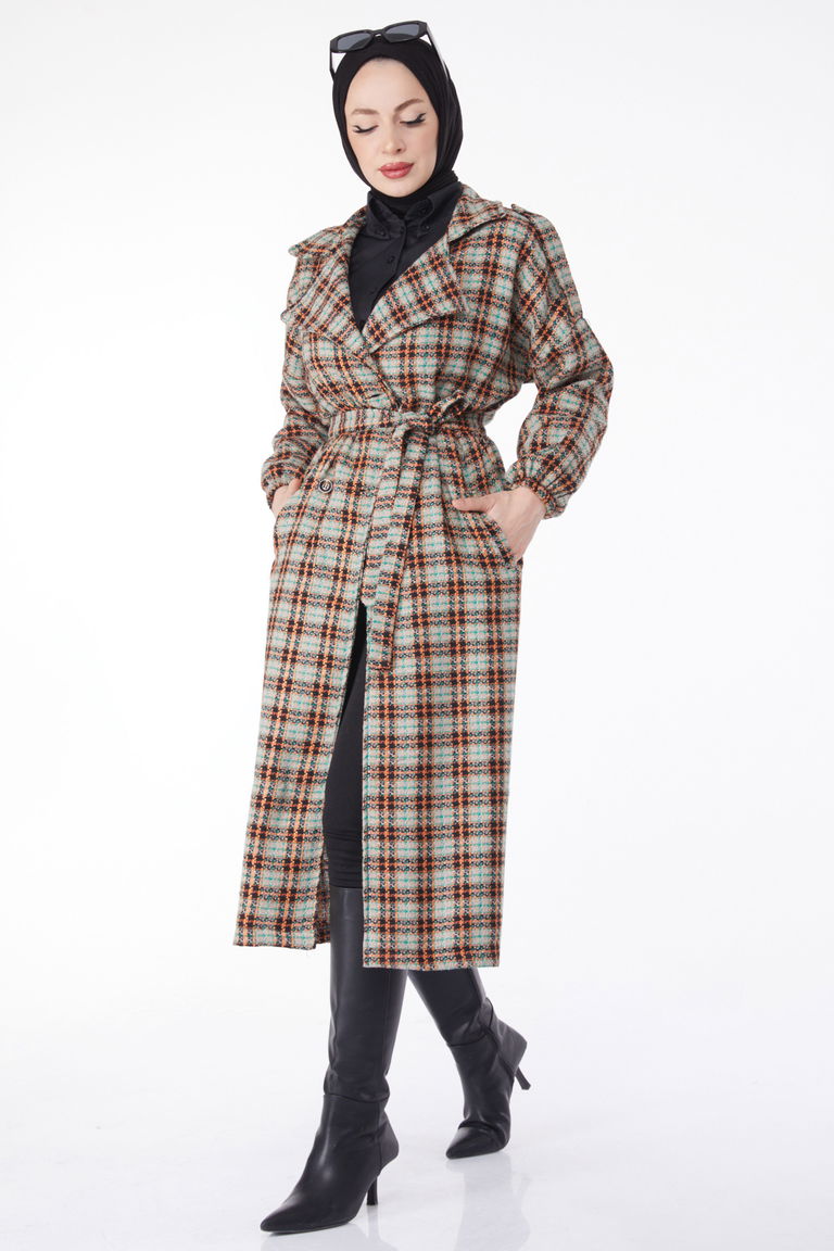 Kruvaze Yaka Kuşaklı Kaşe Kaban - 27738-VIZON - TOFİSA