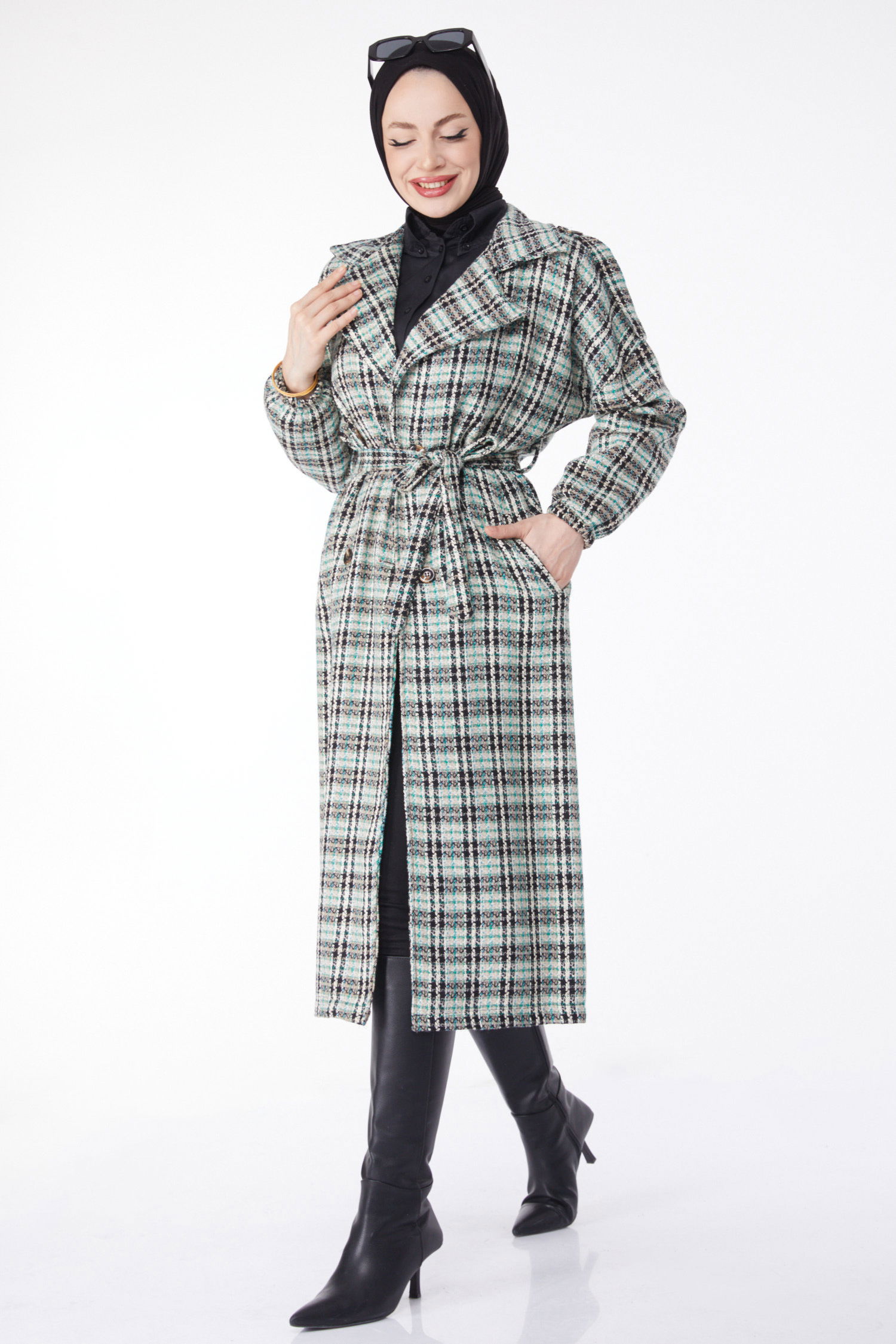 Kruvaze Yaka Kuşaklı Kaşe Kaban - 27738-YESIL - 1