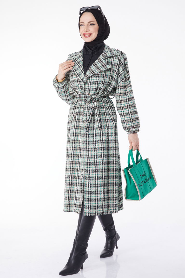 Kruvaze Yaka Kuşaklı Kaşe Kaban - 27738-YESIL - TOFİSA