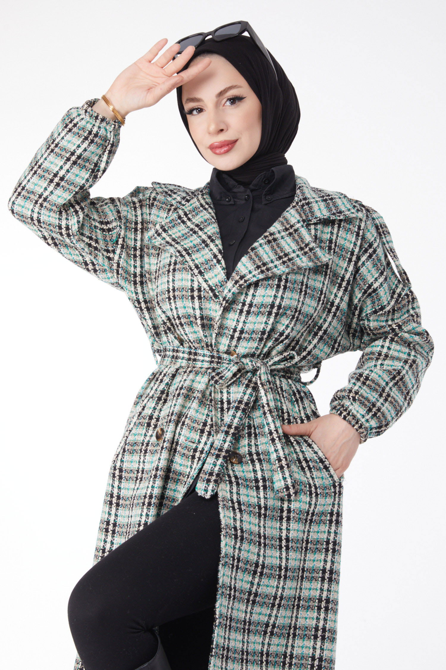 Kruvaze Yaka Kuşaklı Kaşe Kaban - 27738-YESIL - 4