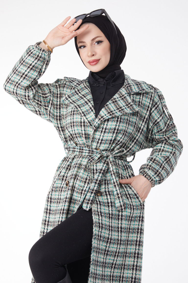 Kruvaze Yaka Kuşaklı Kaşe Kaban - 27738-YESIL - TOFİSA