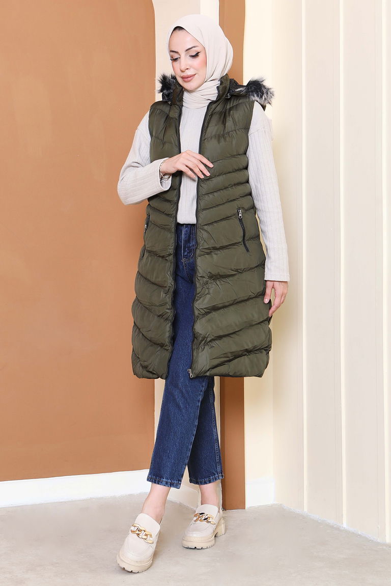 Kürk Detaylı Cepli Kapitone Yelek - 27771-HAKI - TOFİSA