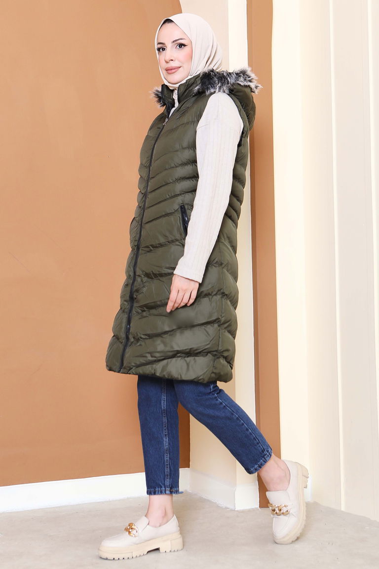 Kürk Detaylı Cepli Kapitone Yelek - 27771-HAKI - TOFİSA