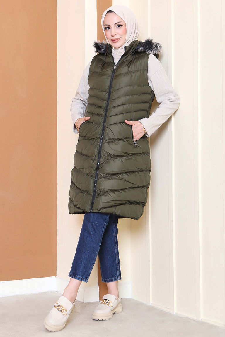 Kürk Detaylı Cepli Kapitone Yelek - 27771-HAKI - TOFİSA