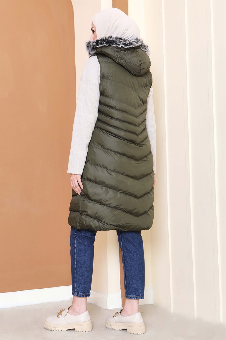 Kürk Detaylı Cepli Kapitone Yelek - 27771-HAKI - TOFİSA