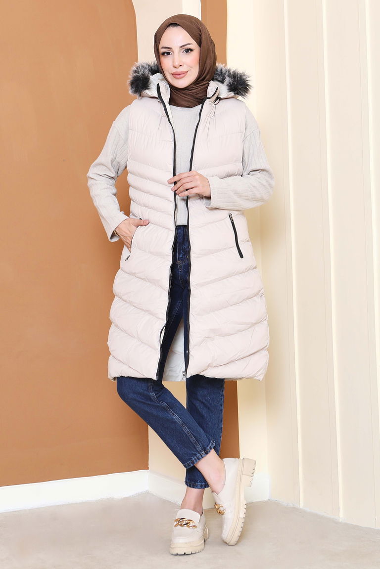 Kürk Detaylı Cepli Kapitone Yelek - 27771-KREM - TOFİSA