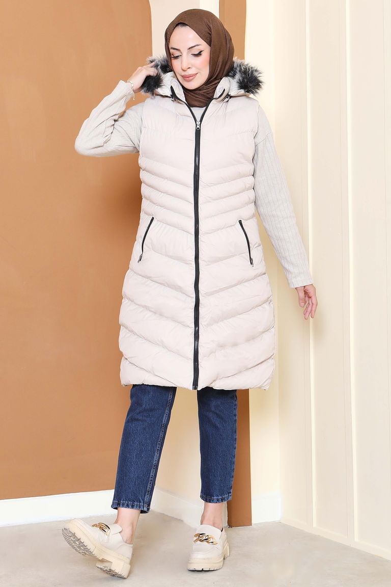 Kürk Detaylı Cepli Kapitone Yelek - 27771-KREM - TOFİSA