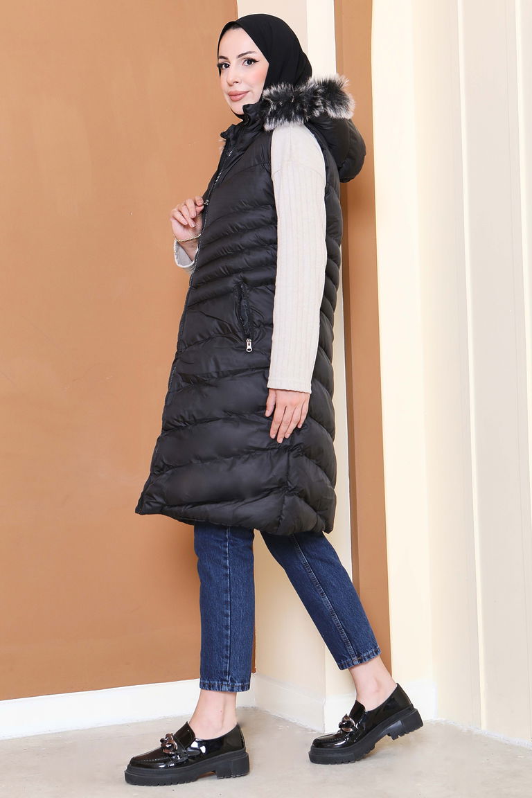 Kürk Detaylı Cepli Kapitone Yelek - 27771-SIYAH - TOFİSA