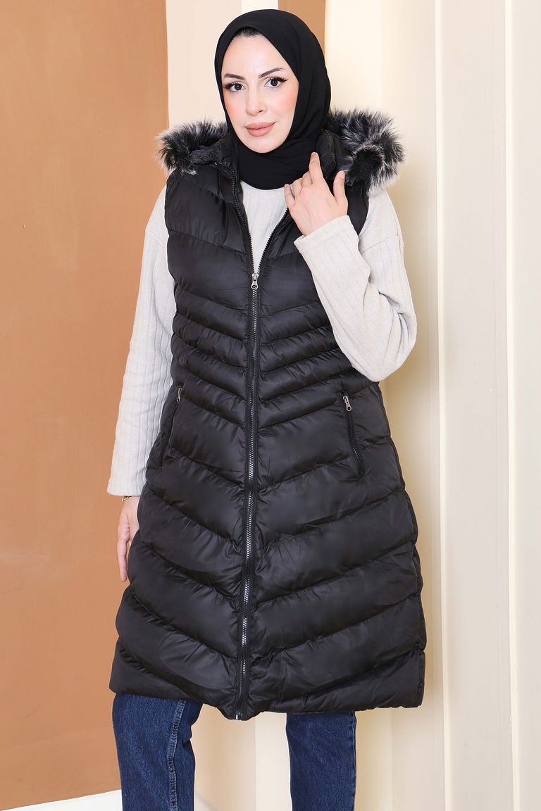 Kürk Detaylı Cepli Kapitone Yelek - 27771-SIYAH - TOFİSA