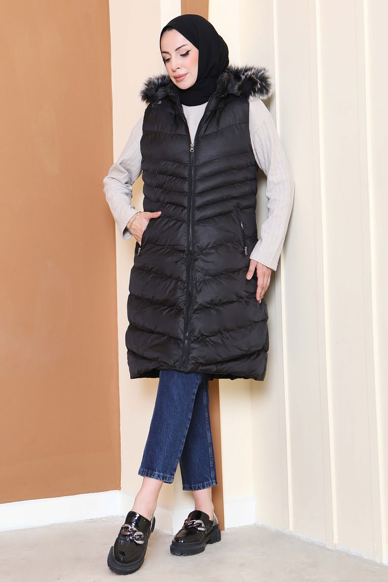 Kürk Detaylı Cepli Kapitone Yelek - 27771-SIYAH - TOFİSA