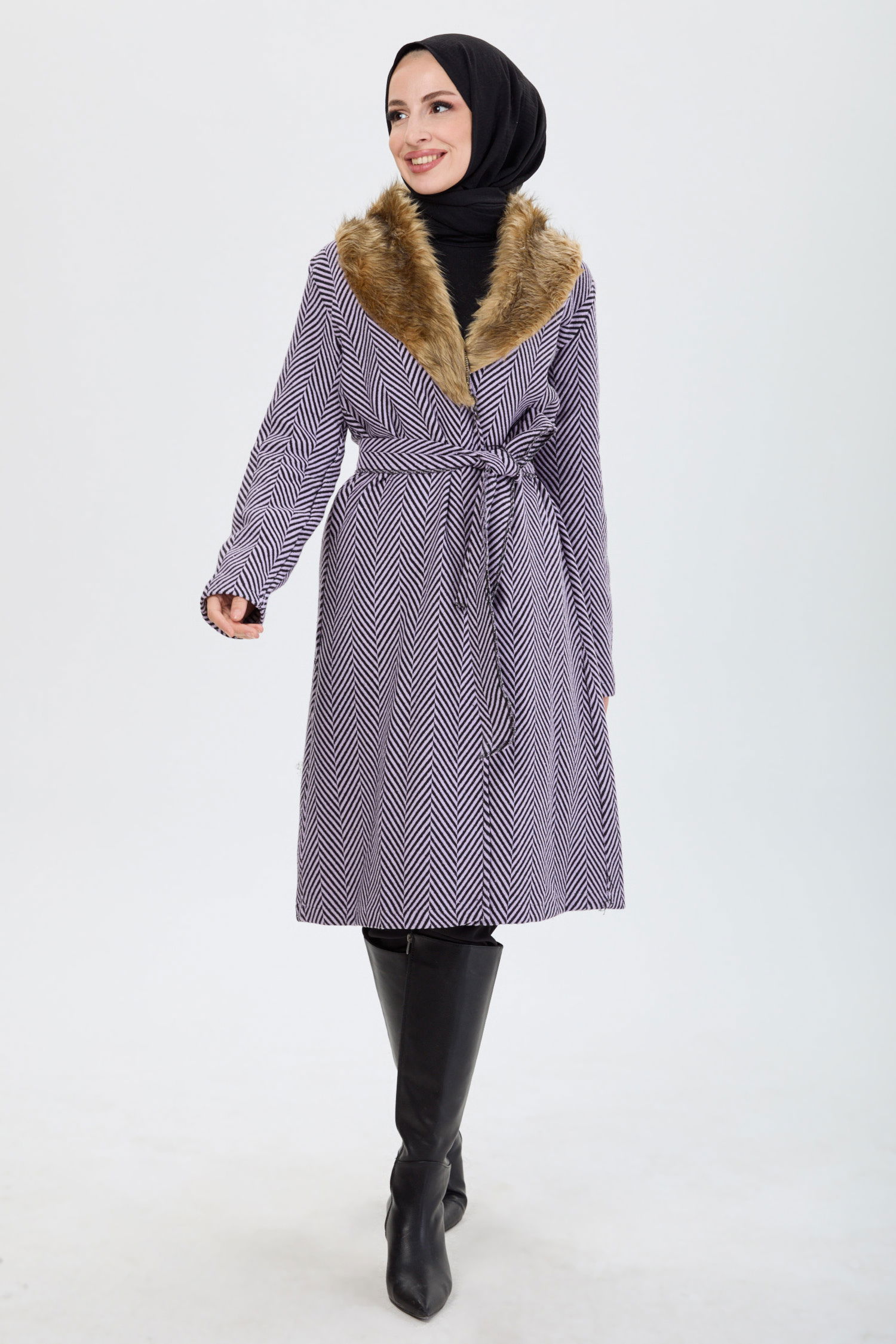 Kürklü Trenç - 27737-LILA - 6