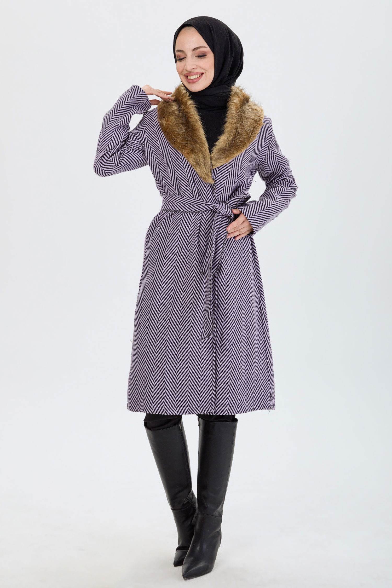 Kürklü Trenç - 27737-LILA - 1