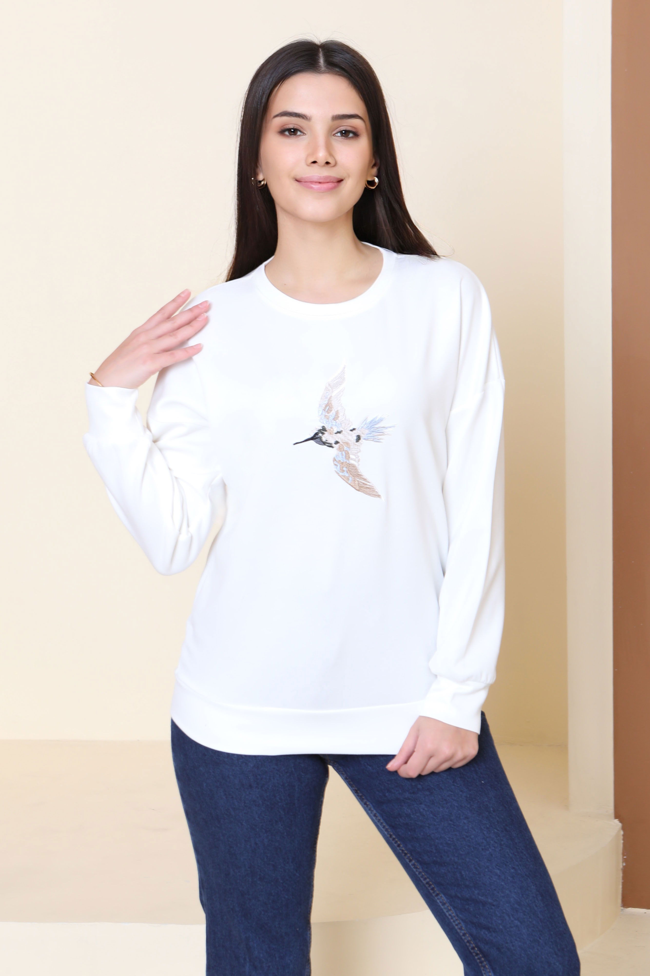 Kuş Nakışlı Modal Sweatshirt - 27882-BEYAZ - 3