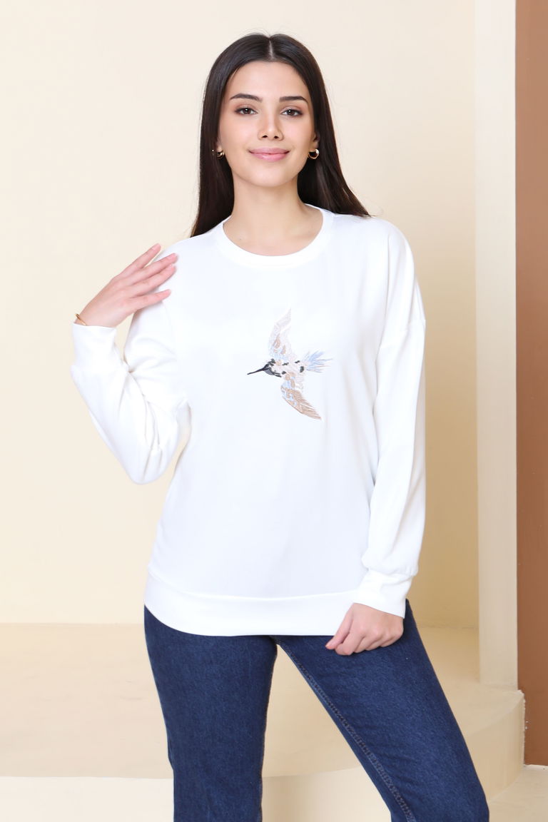 Kuş Nakışlı Modal Sweatshirt - 27882-BEYAZ - TOFİSA