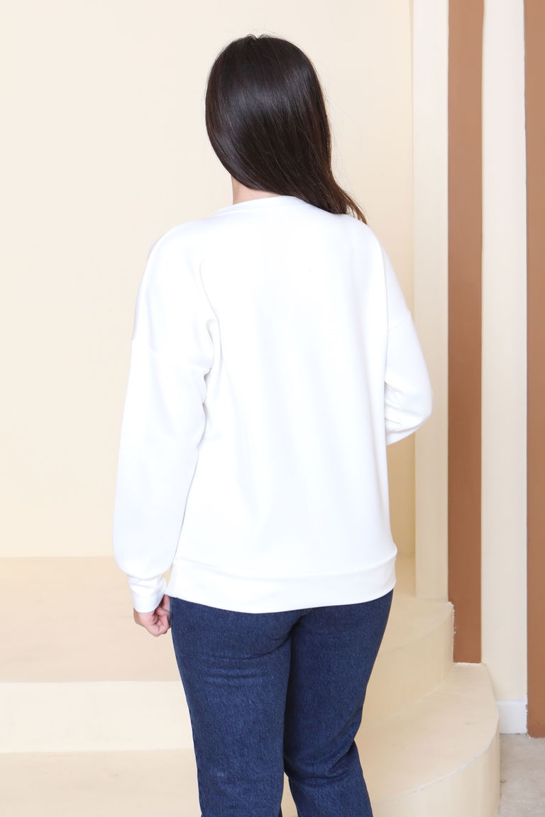 Kuş Nakışlı Modal Sweatshirt - 27882-BEYAZ - TOFİSA