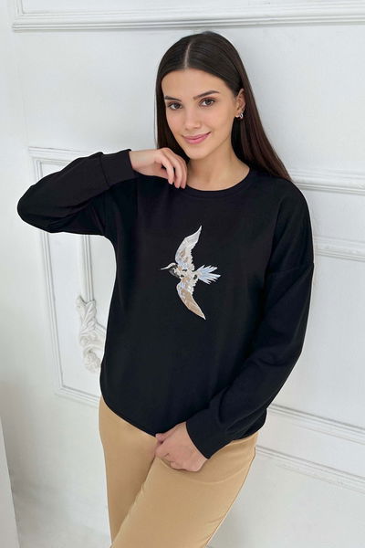Kuş Nakışlı Modal Sweatshirt - 27882-SIYAH 