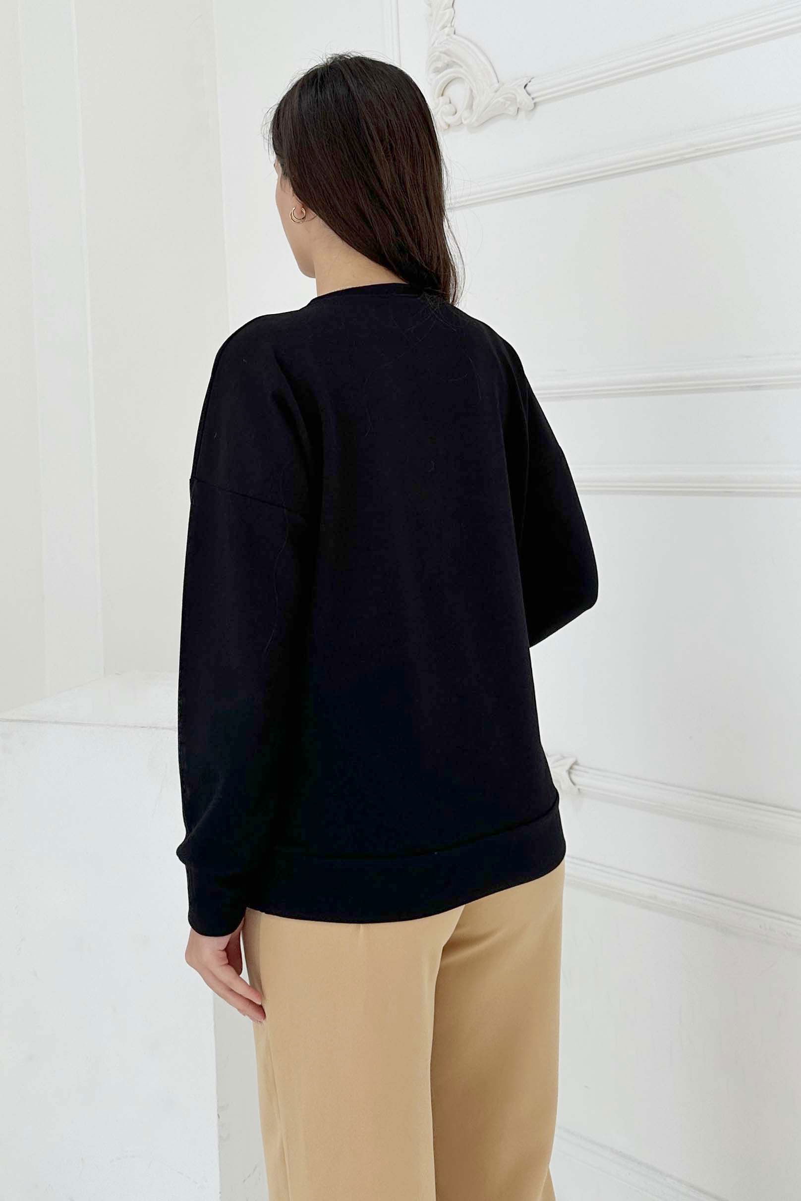 Kuş Nakışlı Modal Sweatshirt - 27882-SIYAH - 4