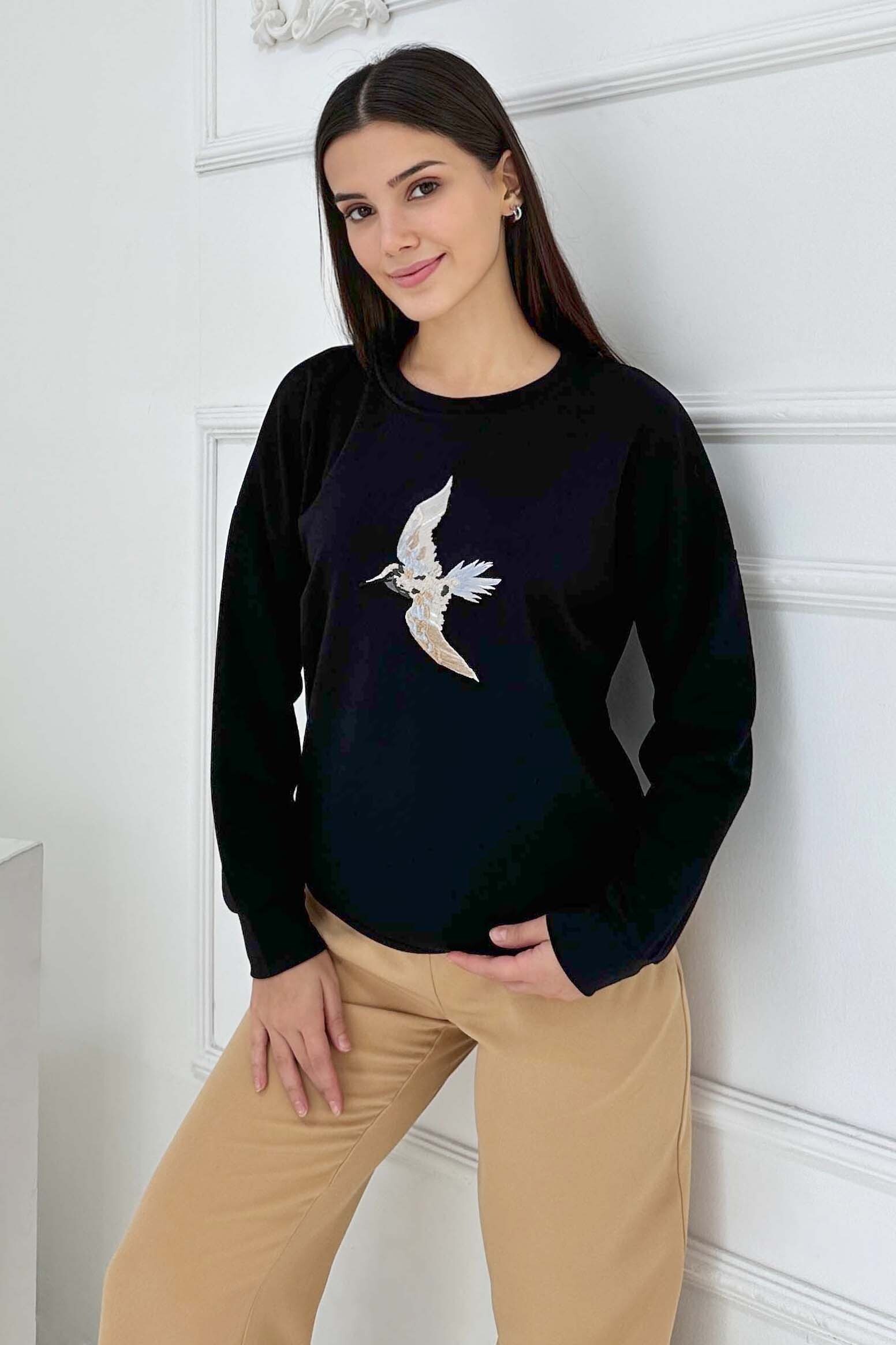 Kuş Nakışlı Modal Sweatshirt - 27882-SIYAH - 3