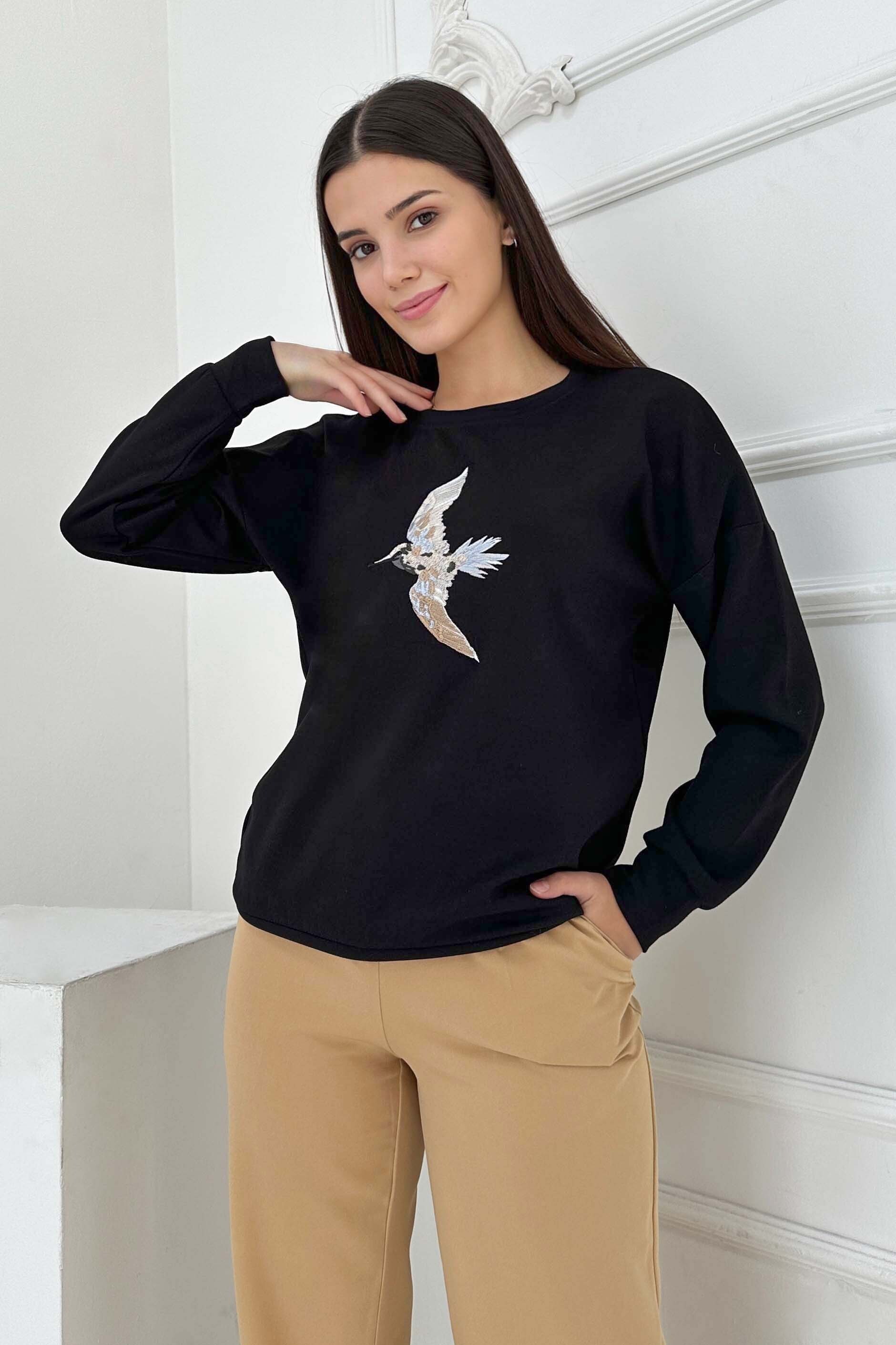 Kuş Nakışlı Modal Sweatshirt - 27882-SIYAH - 2