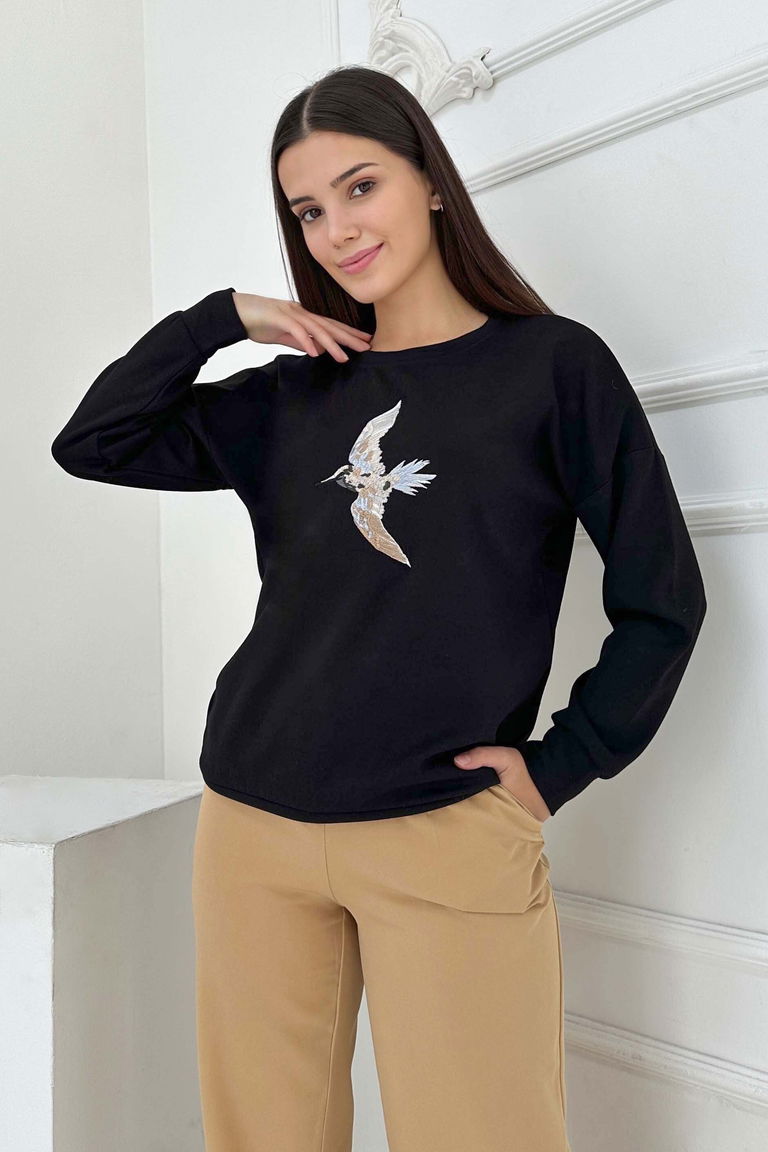 Kuş Nakışlı Modal Sweatshirt - 27882-SIYAH - TOFİSA