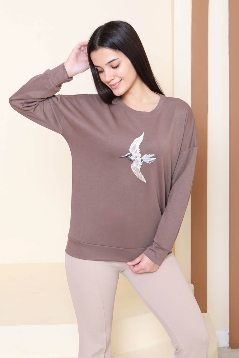 Kuş Nakışlı Modal Sweatshirt - 27882-VIZON - TOFİSA