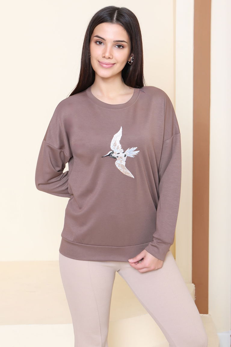 Kuş Nakışlı Modal Sweatshirt - 27882-VIZON - TOFİSA