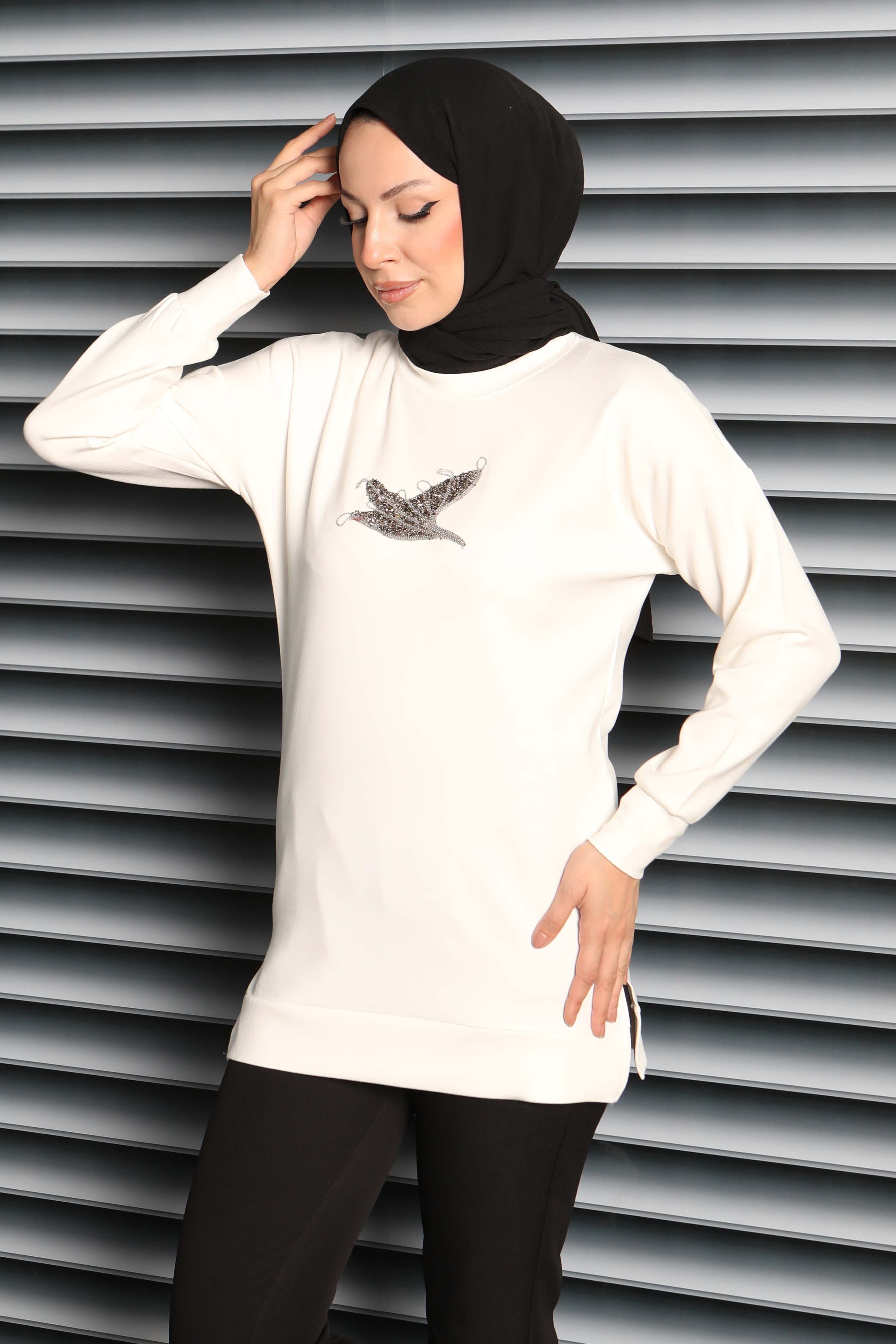Kuş Taşlı İşlemeli Modal Tunik - 27874-BEYAZ - 3