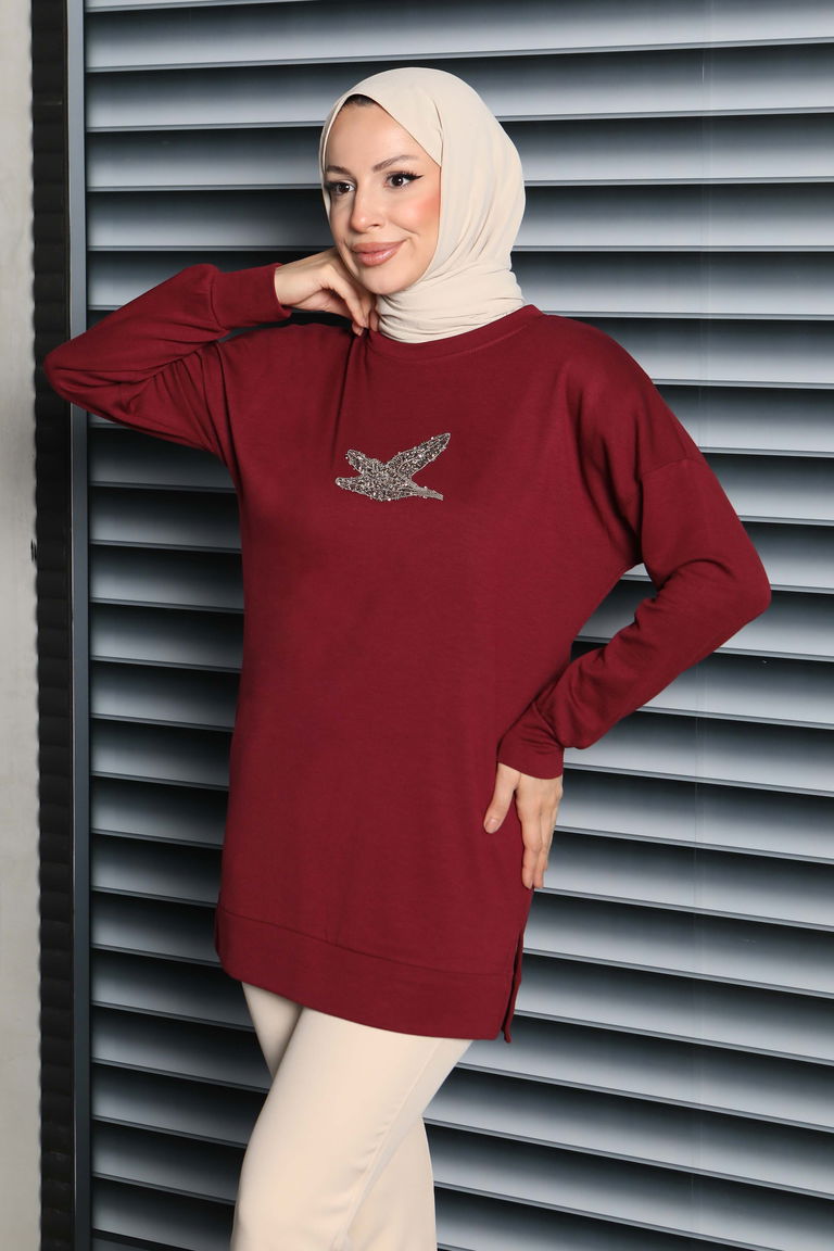 Kuş Taşlı İşlemeli Modal Tunik - 27874-BORDO - TOFİSA