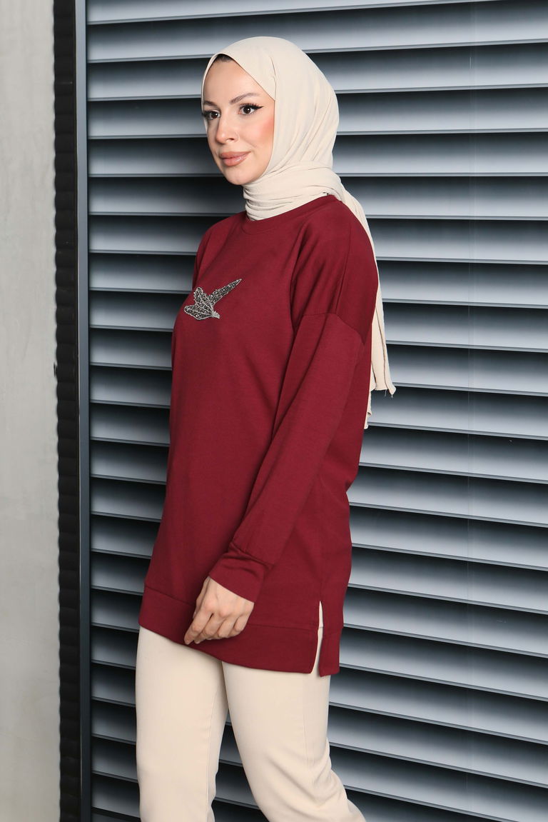 Kuş Taşlı İşlemeli Modal Tunik - 27874-BORDO - TOFİSA