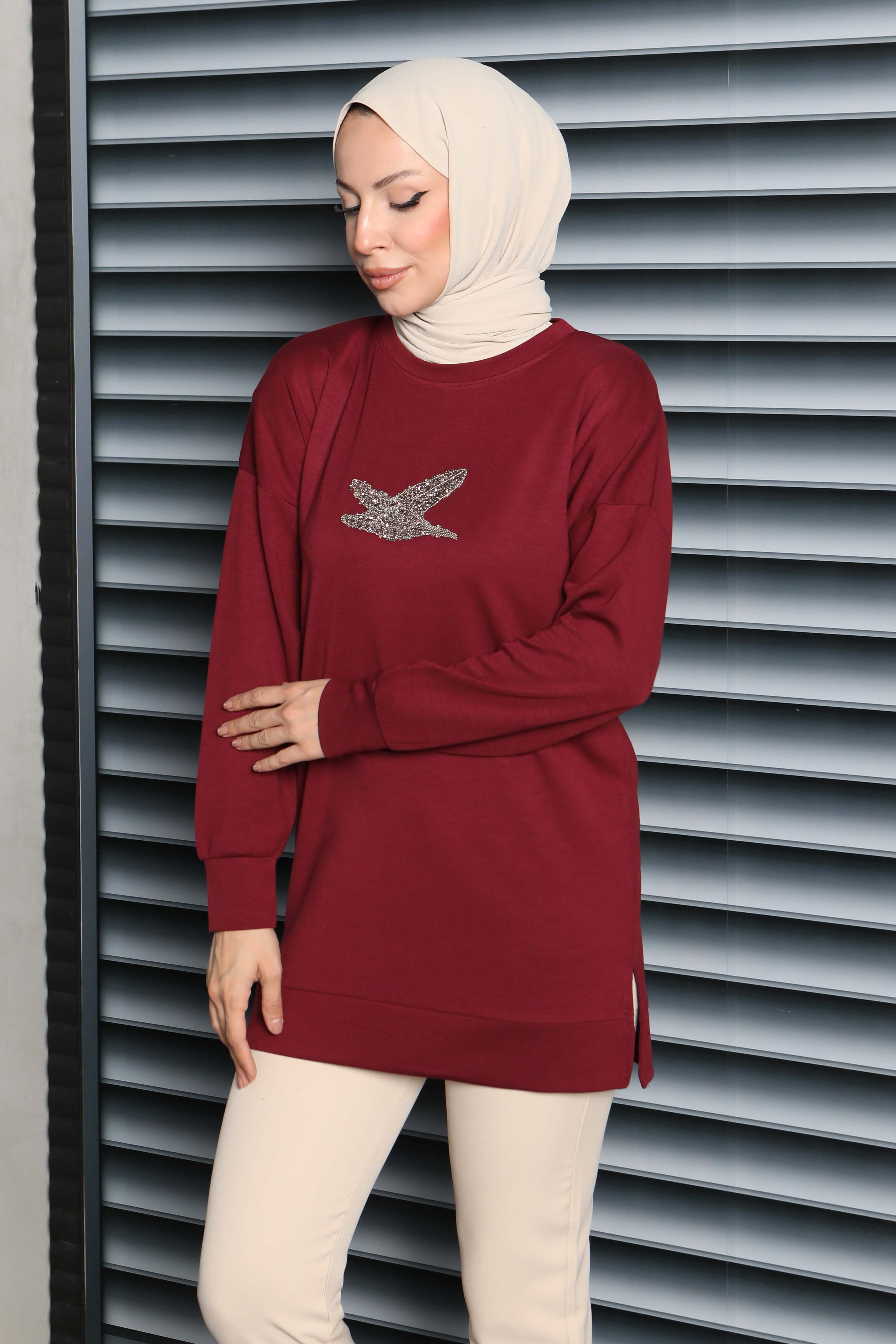Kuş Taşlı İşlemeli Modal Tunik - 27874-BORDO - 1