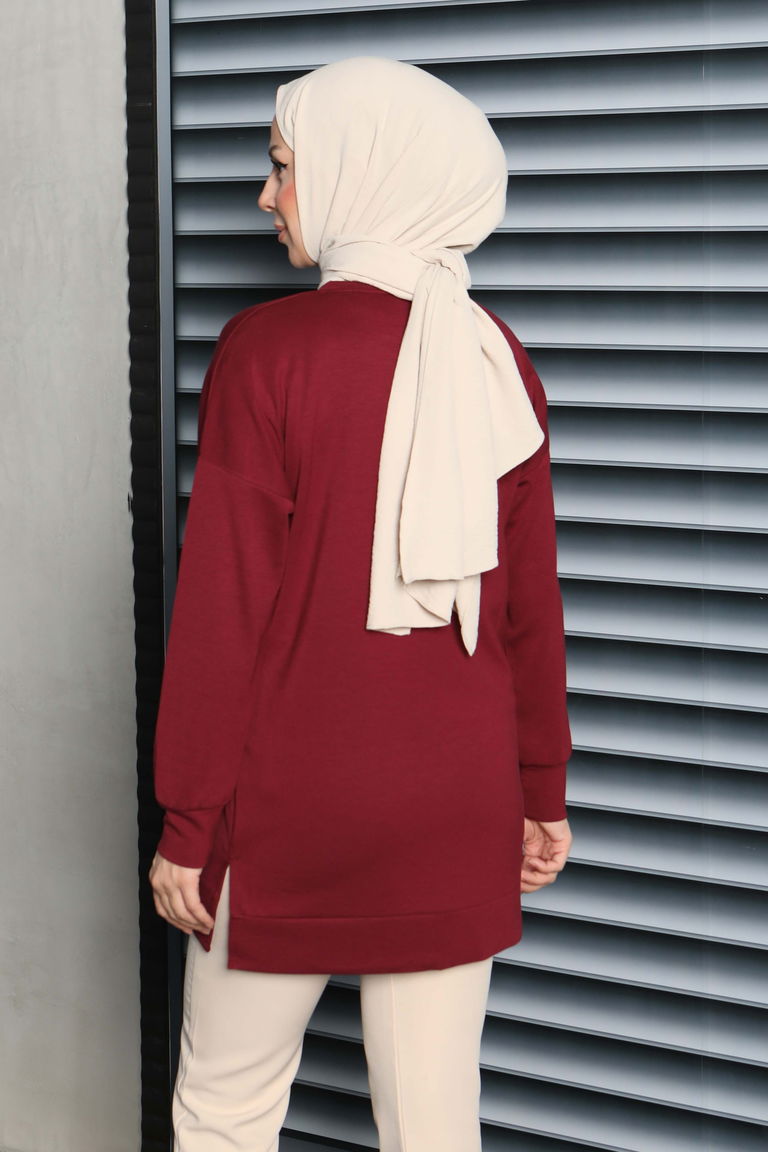 Kuş Taşlı İşlemeli Modal Tunik - 27874-BORDO - TOFİSA