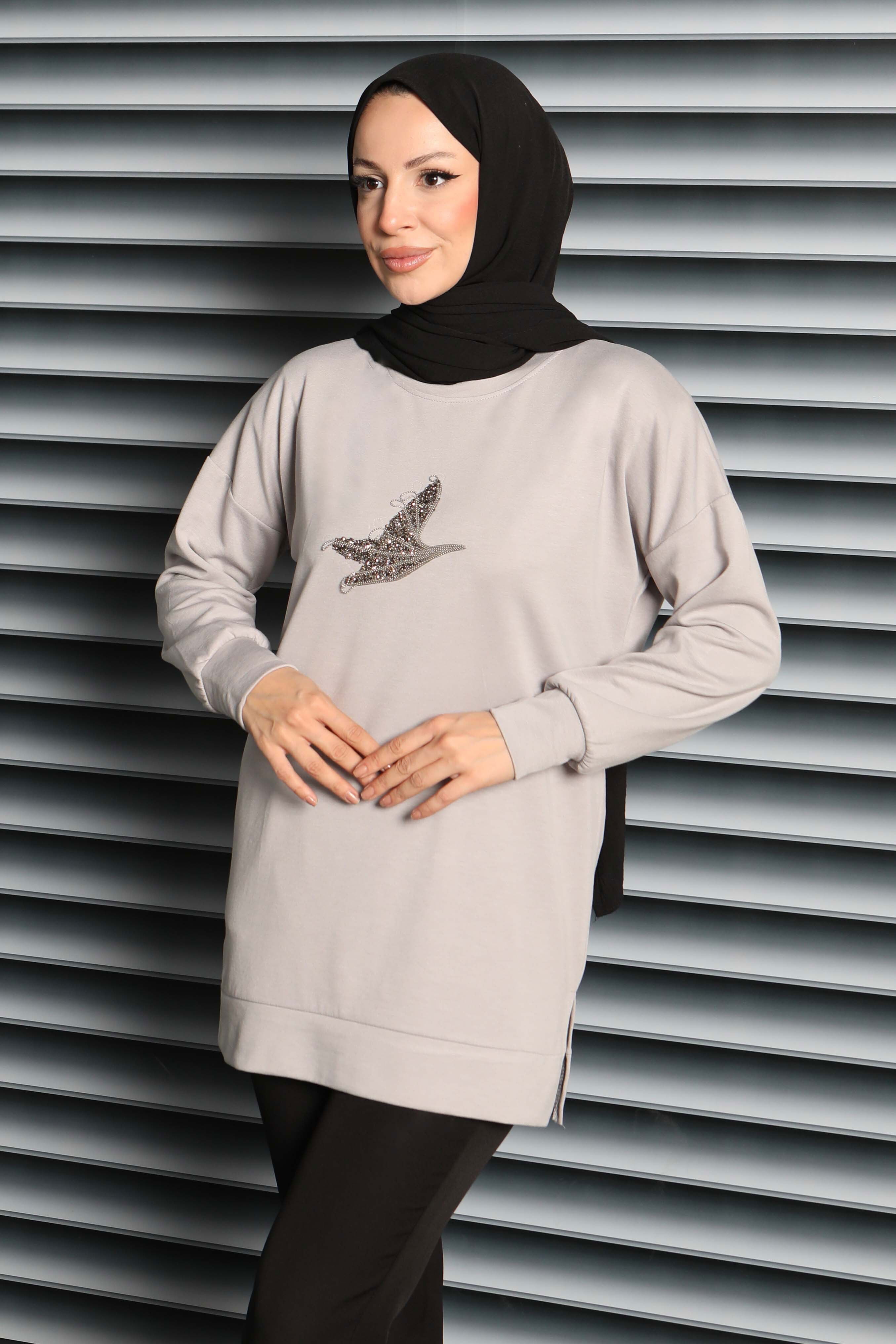 Kuş Taşlı İşlemeli Modal Tunik - 27874-GRI - 1