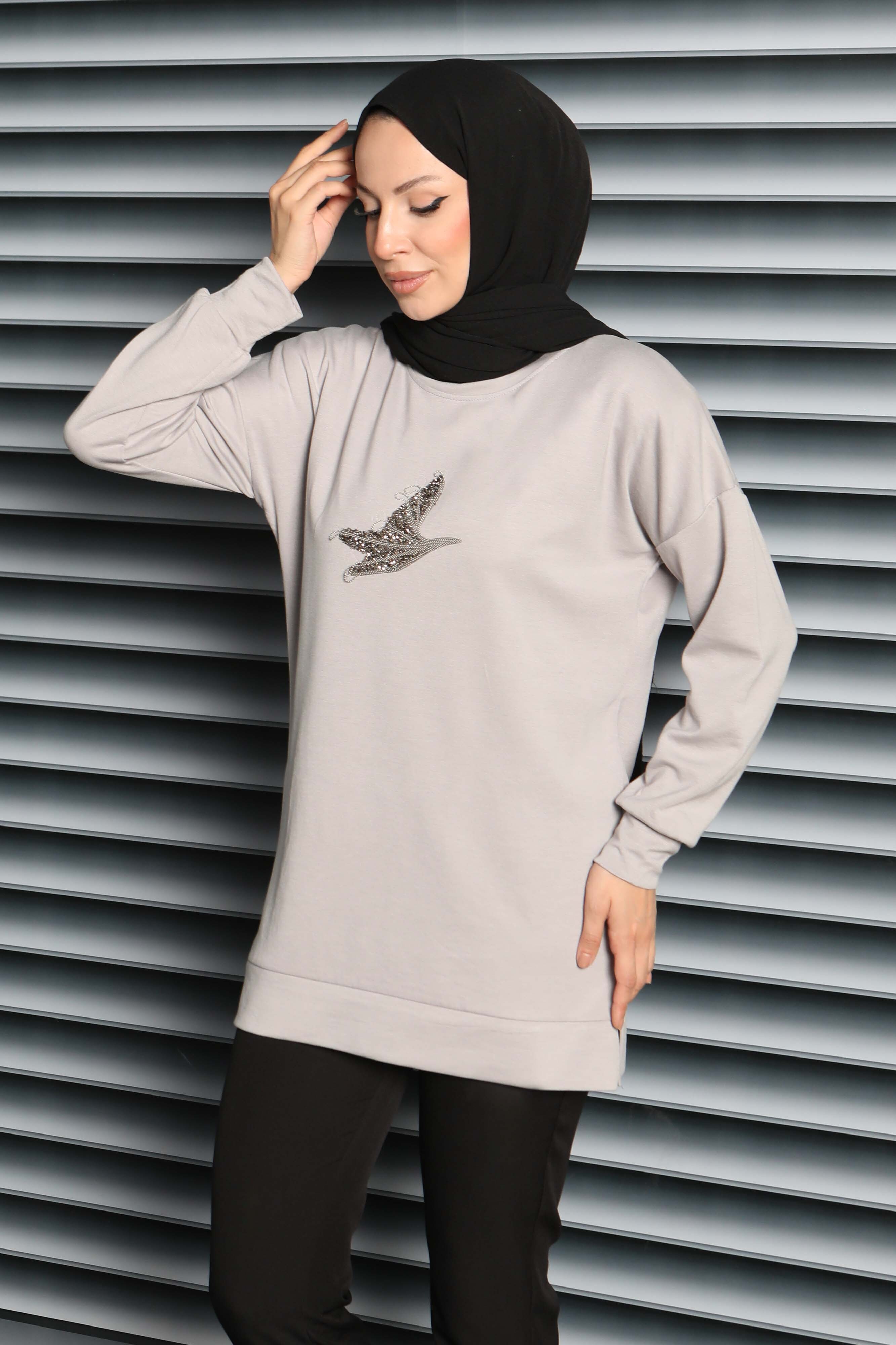 Kuş Taşlı İşlemeli Modal Tunik - 27874-GRI - 2
