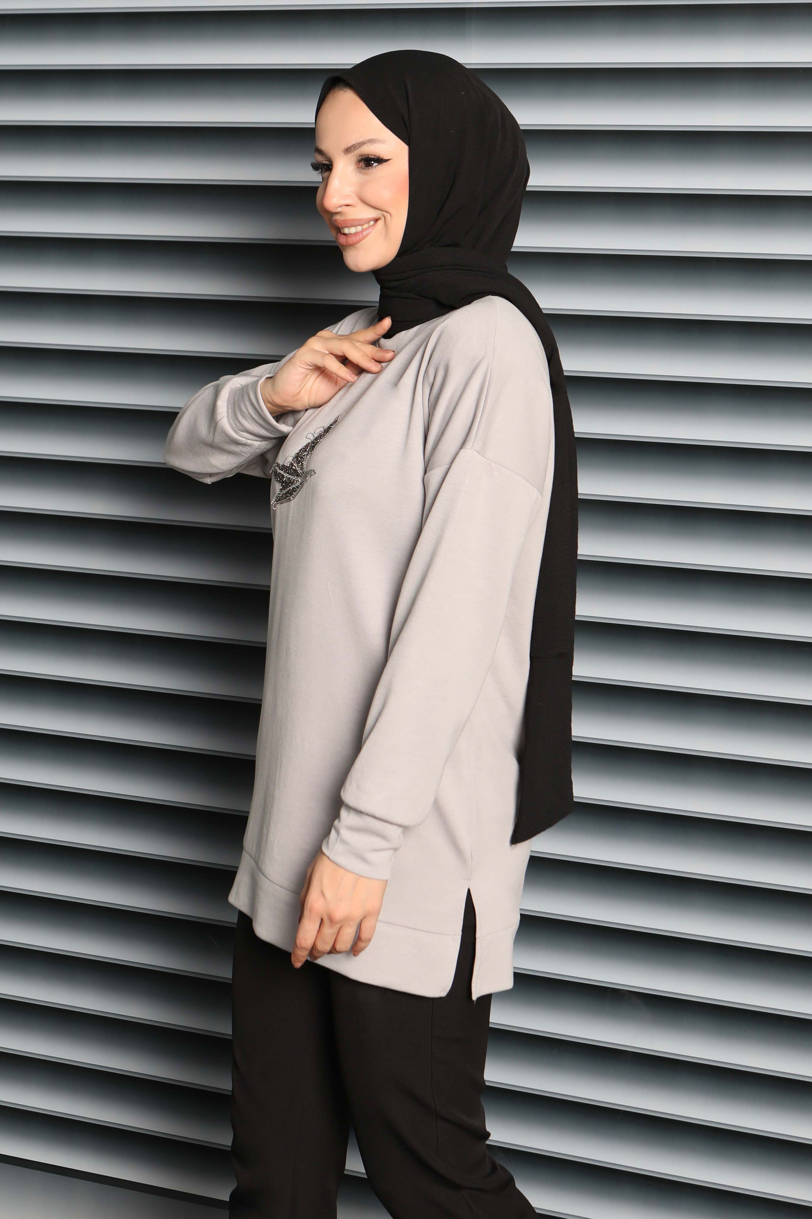 Kuş Taşlı İşlemeli Modal Tunik - 27874-GRI - 3