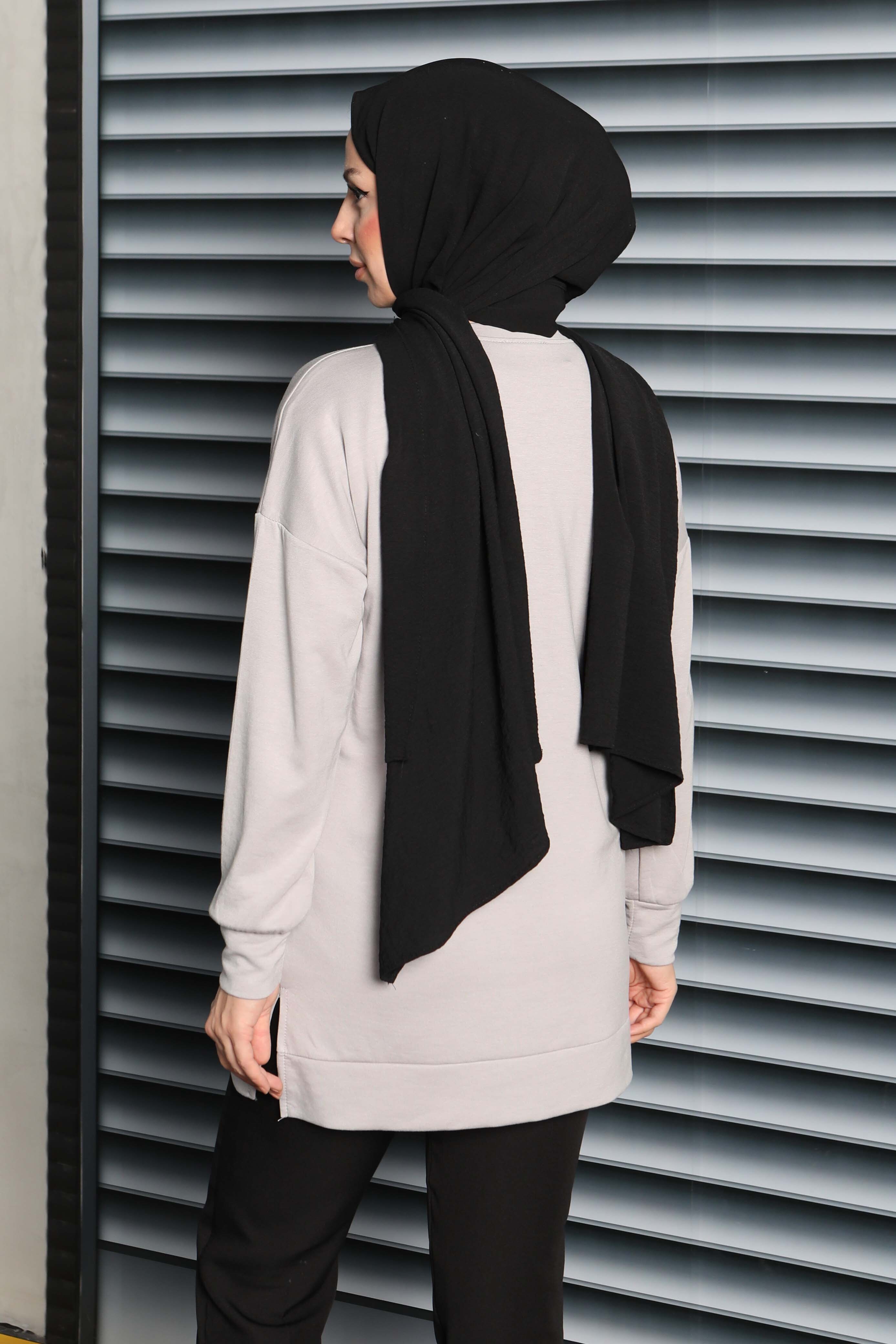 Kuş Taşlı İşlemeli Modal Tunik - 27874-GRI - 4