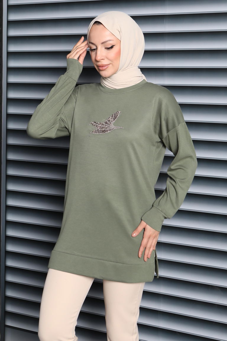 Kuş Taşlı İşlemeli Modal Tunik - 27874-HAKI - TOFİSA