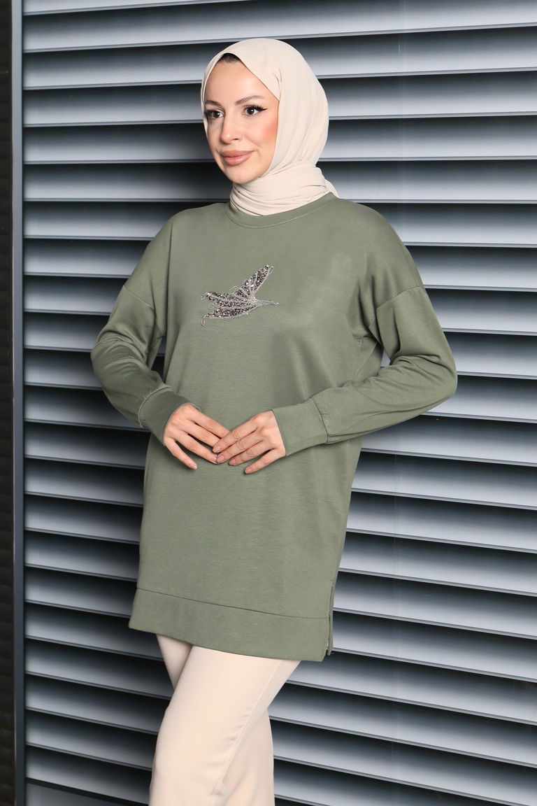 Kuş Taşlı İşlemeli Modal Tunik - 27874-HAKI - TOFİSA