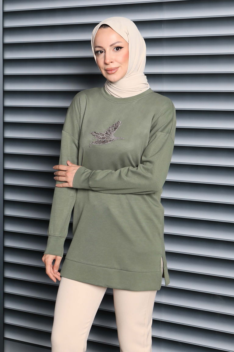 Kuş Taşlı İşlemeli Modal Tunik - 27874-HAKI - TOFİSA