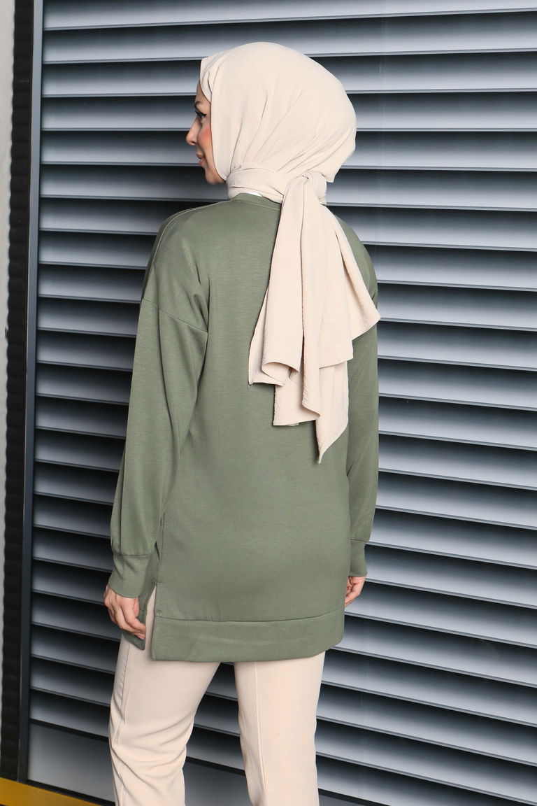 Kuş Taşlı İşlemeli Modal Tunik - 27874-HAKI - TOFİSA