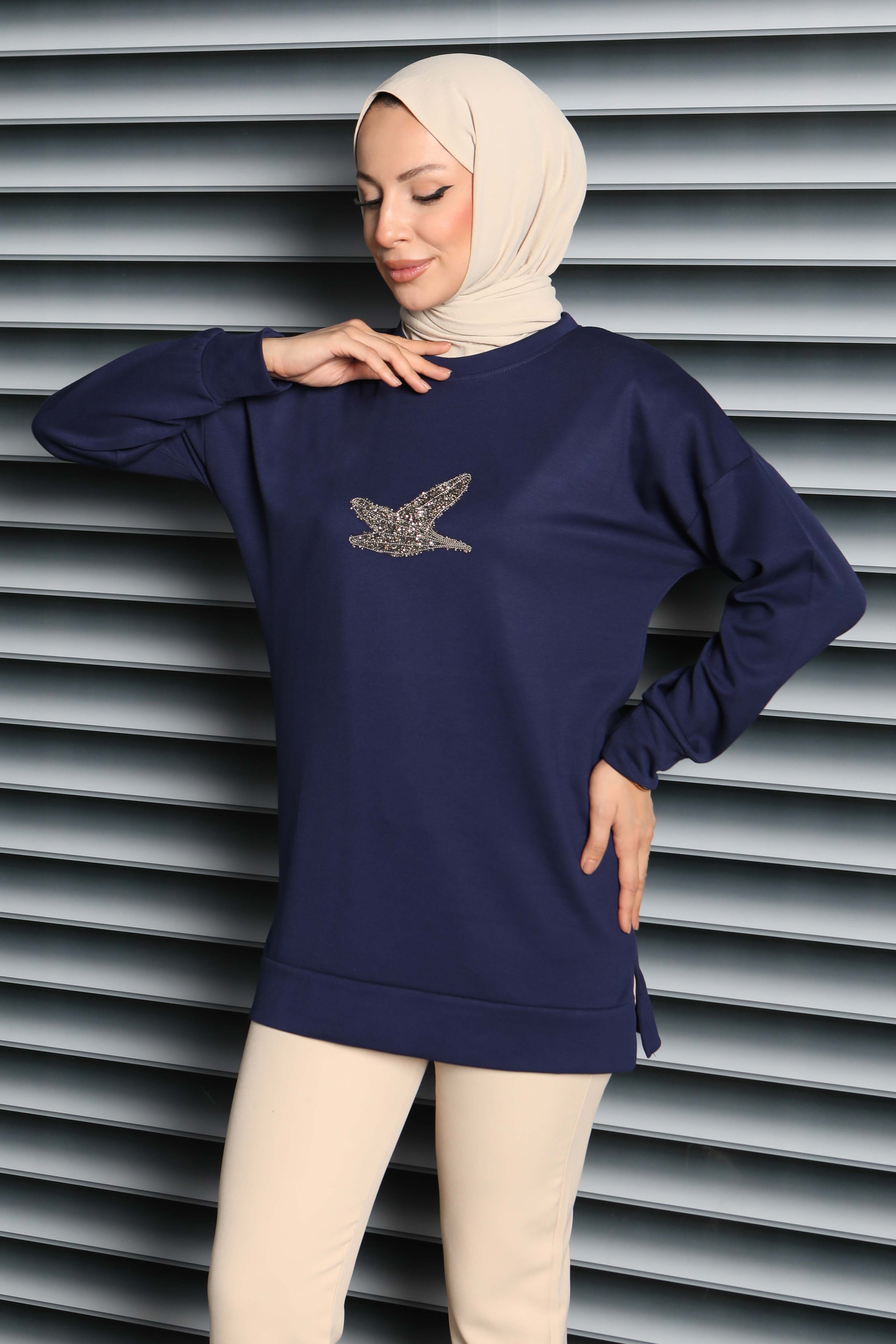 Kuş Taşlı İşlemeli Modal Tunik - 27874-LACIVERT - 1