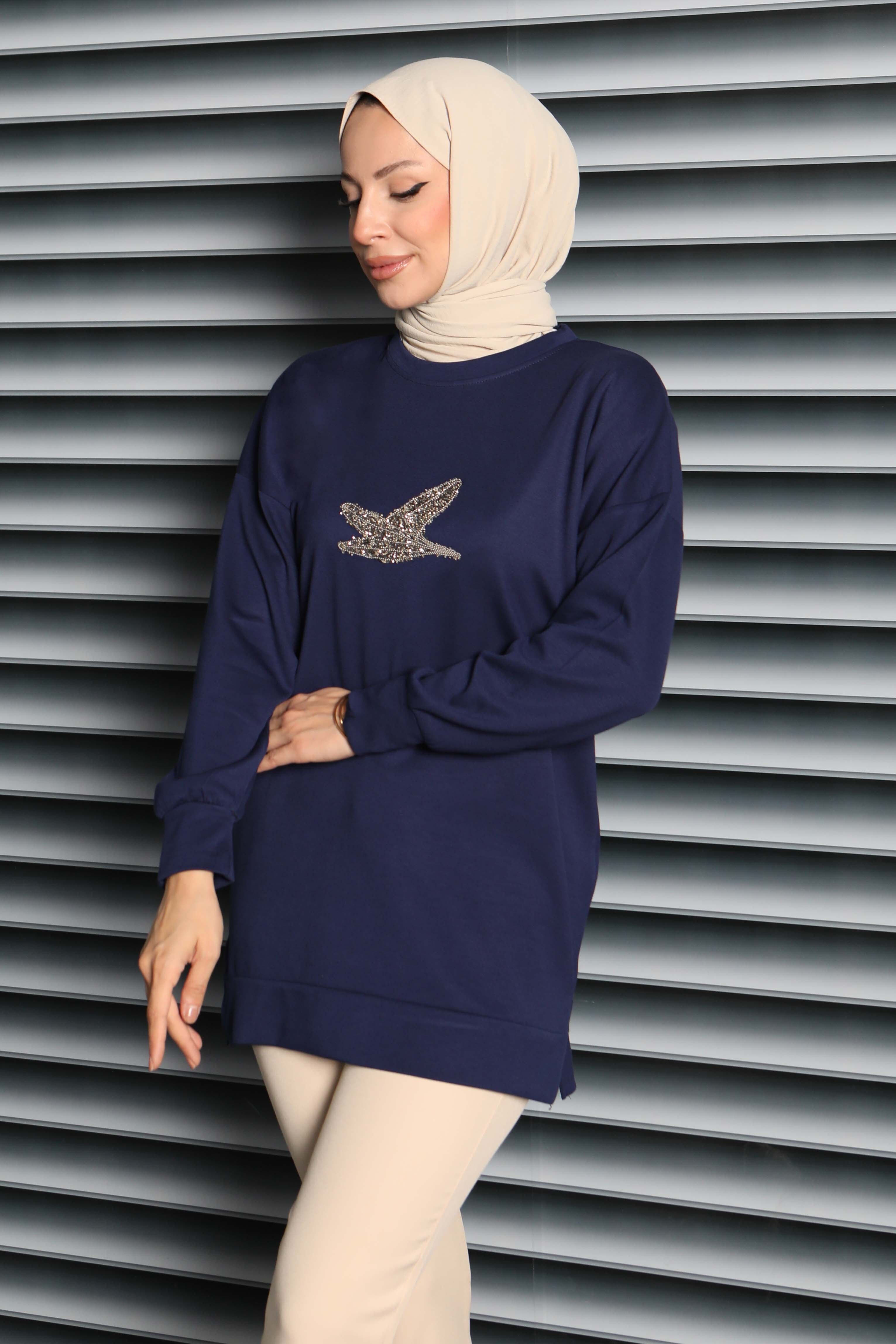 Kuş Taşlı İşlemeli Modal Tunik - 27874-LACIVERT - 2