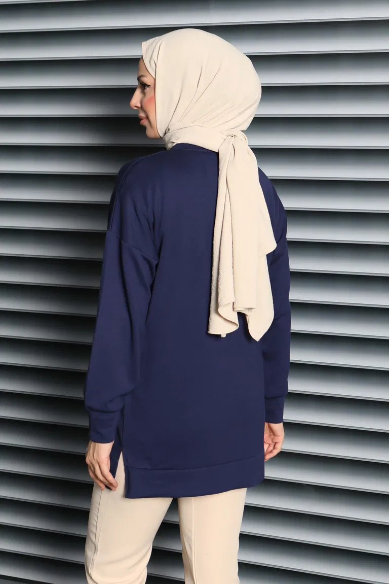 Kuş Taşlı İşlemeli Modal Tunik - 27874-LACIVERT - TOFİSA