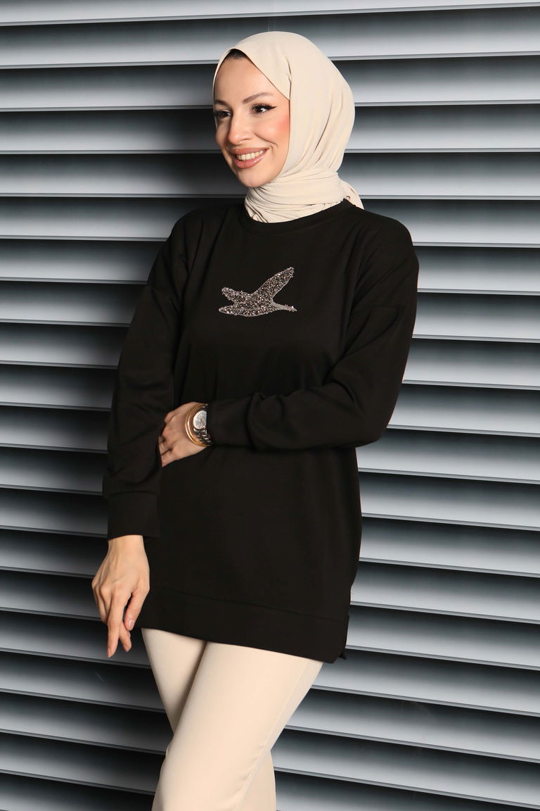 Kuş Taşlı İşlemeli Modal Tunik - 27874-SIYAH - TOFİSA