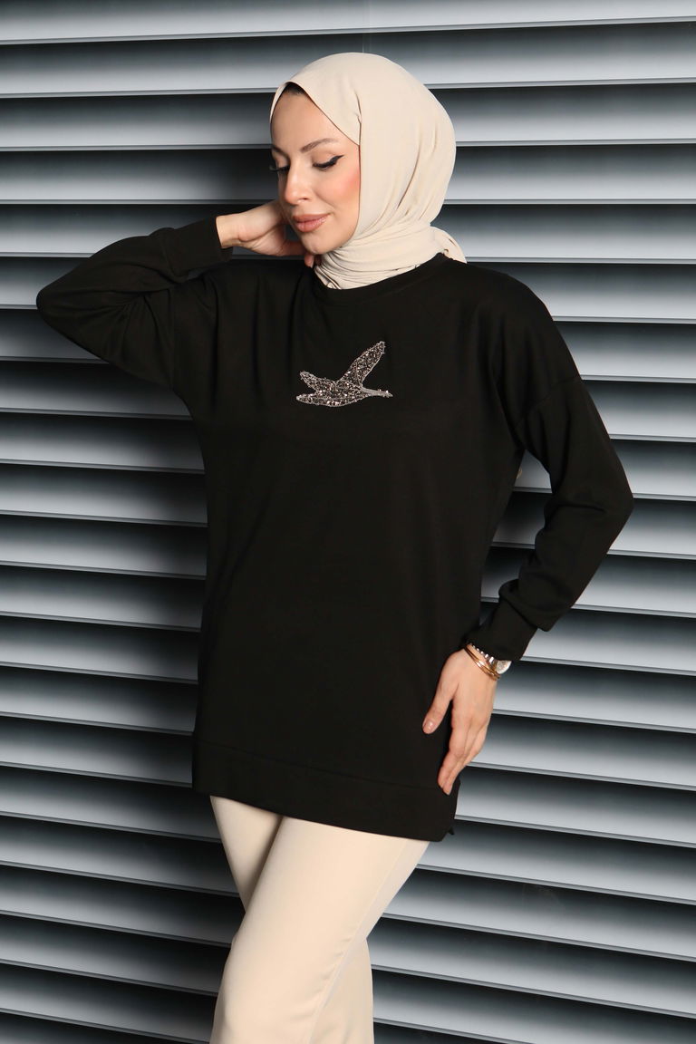 Kuş Taşlı İşlemeli Modal Tunik - 27874-SIYAH - TOFİSA