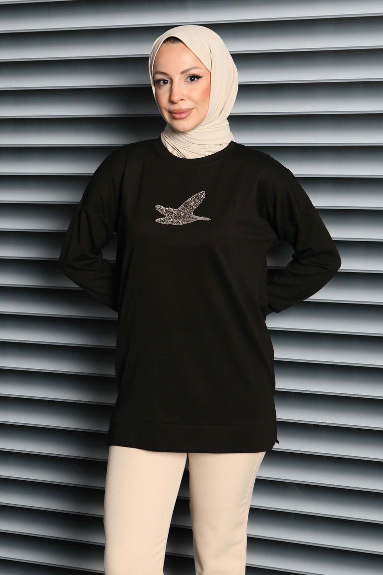 Kuş Taşlı İşlemeli Modal Tunik - 27874-SIYAH - TOFİSA