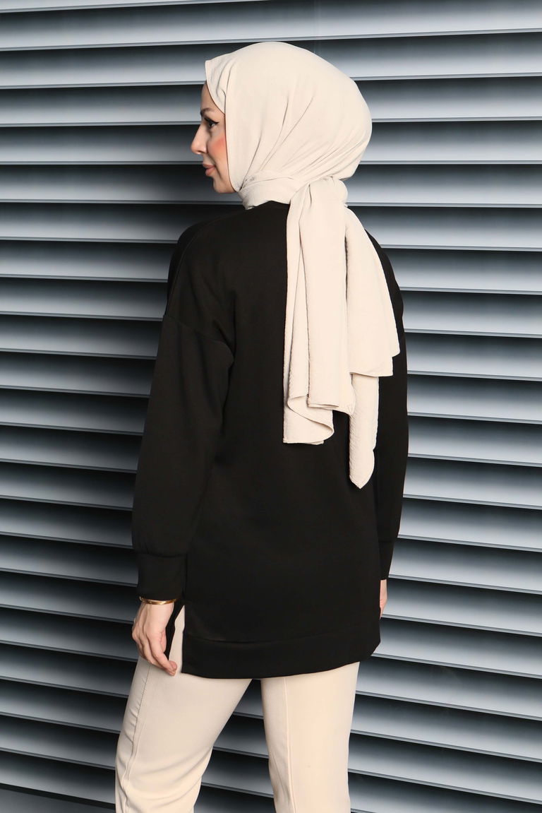 Kuş Taşlı İşlemeli Modal Tunik - 27874-SIYAH - TOFİSA