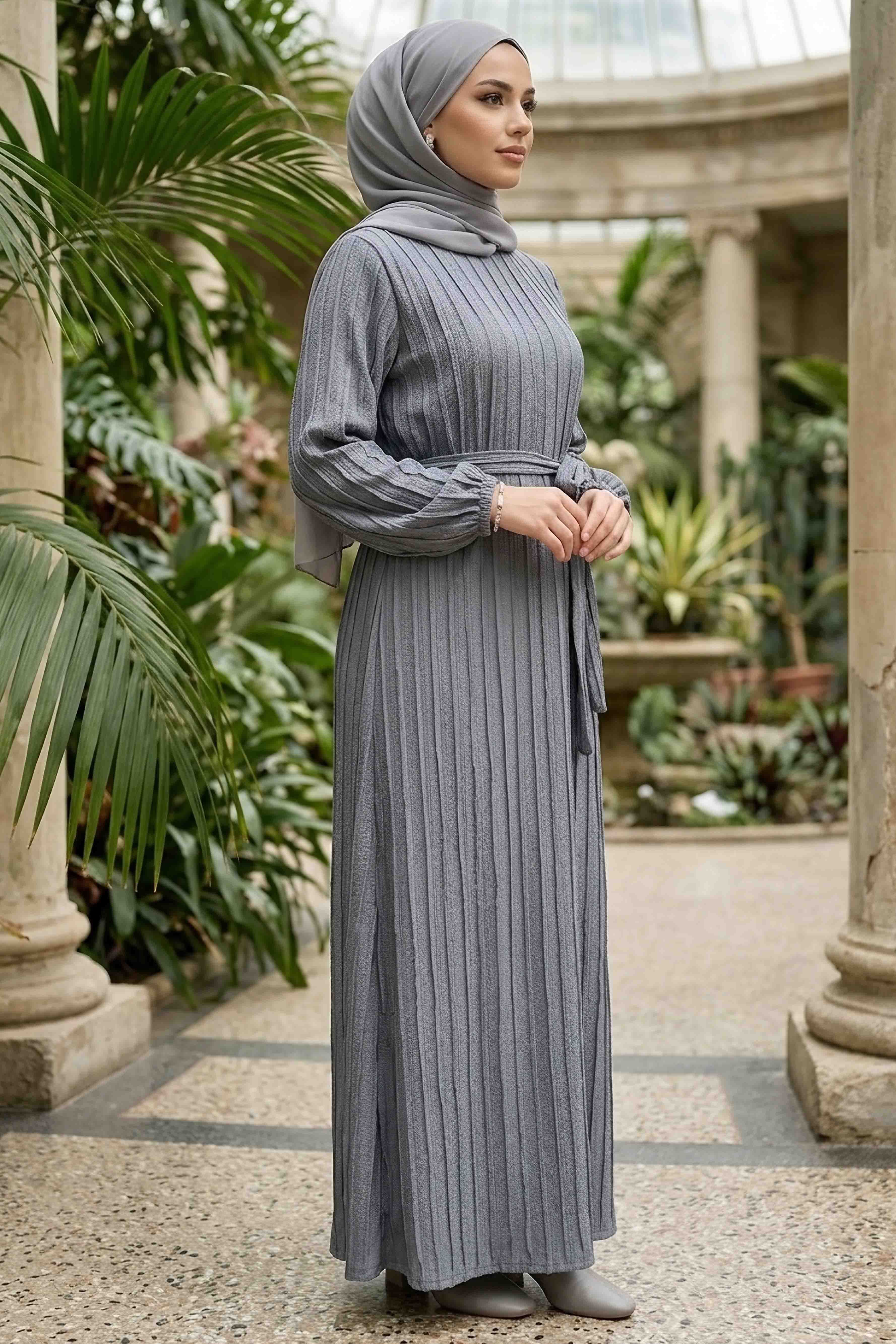 Kuşaklı Bileği Lastilk Detaylı Elbise - 2090-ANTRASIT - 1