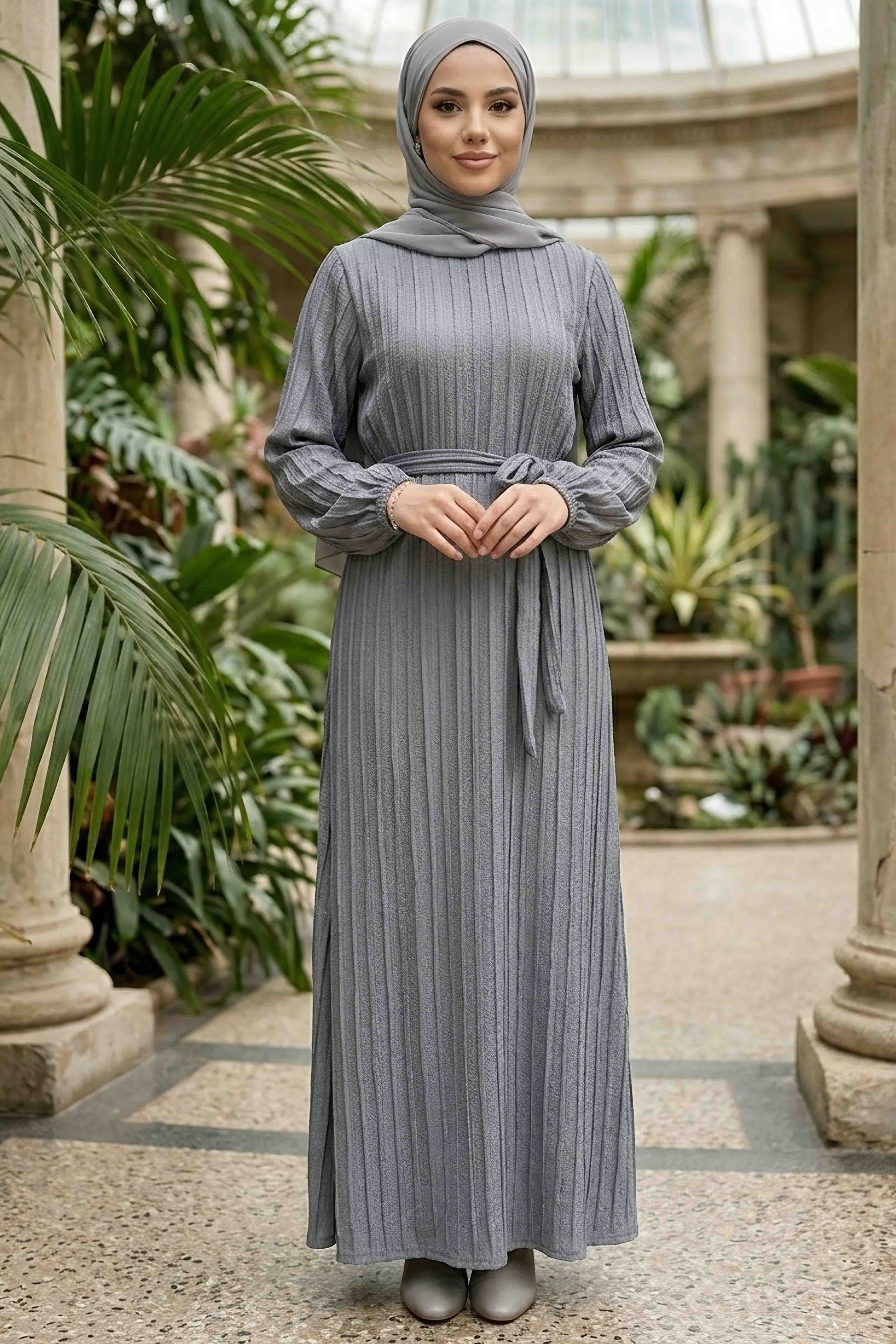 Kuşaklı Bileği Lastilk Detaylı Elbise - 2090-ANTRASIT - 2