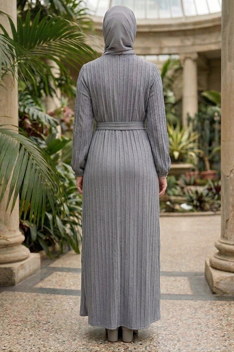 Kuşaklı Bileği Lastilk Detaylı Elbise - 2090-ANTRASIT - 3